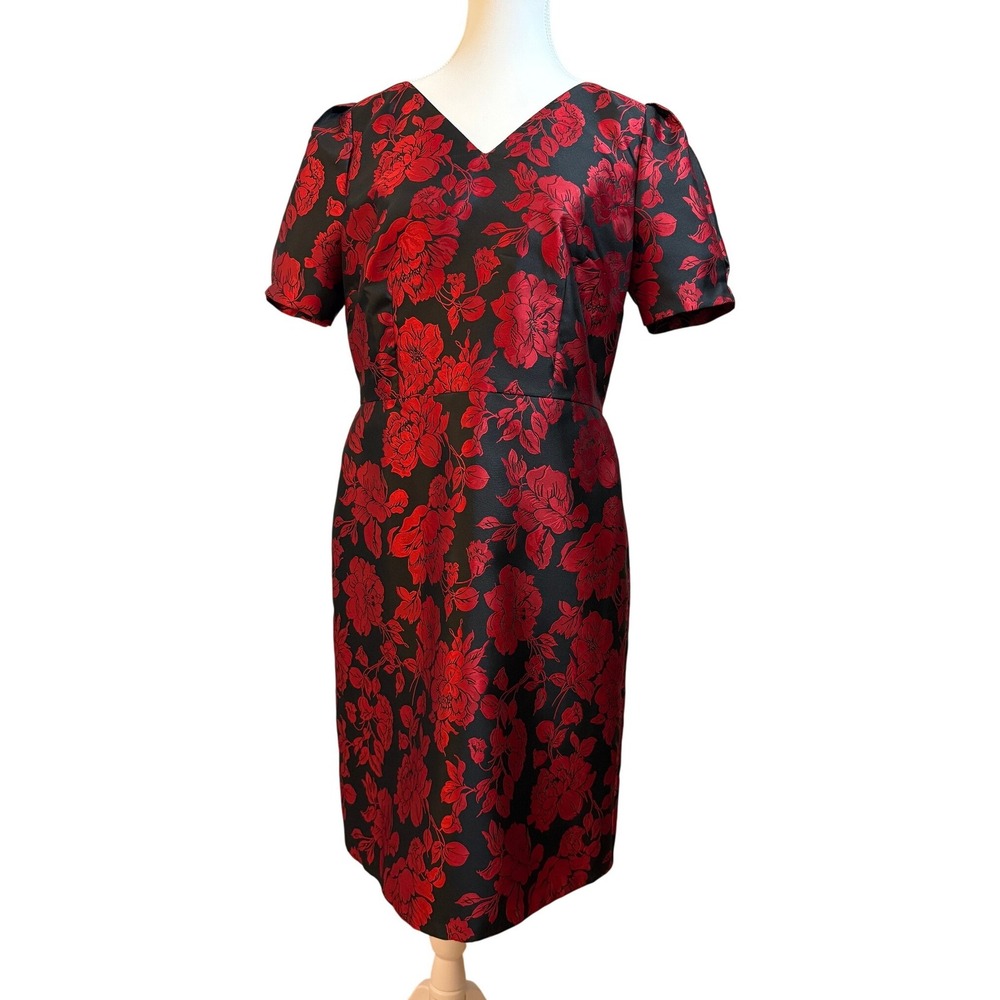 Talbots Floral Jacquard Dress Women 8P Red Black V-Neck Puff Sleeve Bow Back